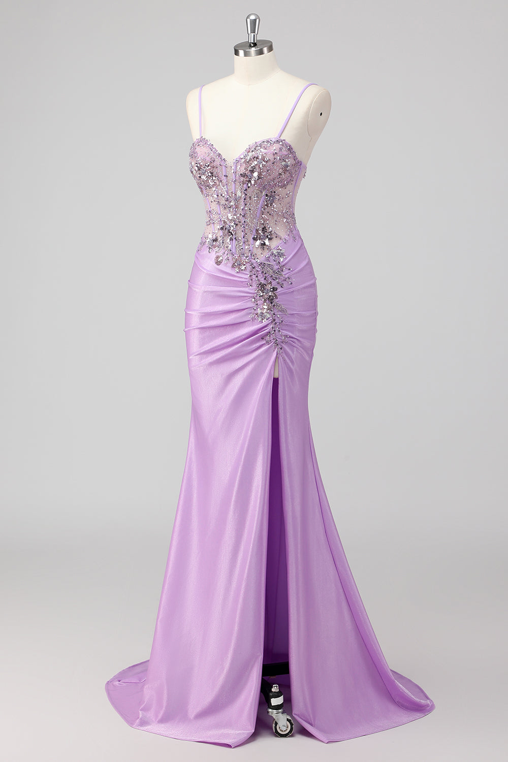 Sparkly Grey Green Mermaid Strapless Sequin Corset Ruched Long Prom Dress with Slit