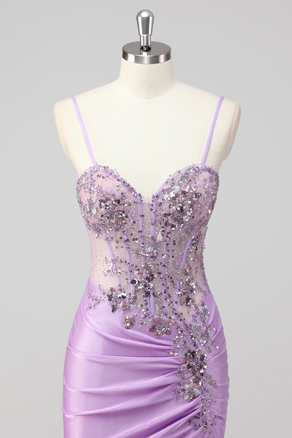 Sparkly Grey Green Mermaid Strapless Sequin Corset Ruched Long Prom Dress with Slit