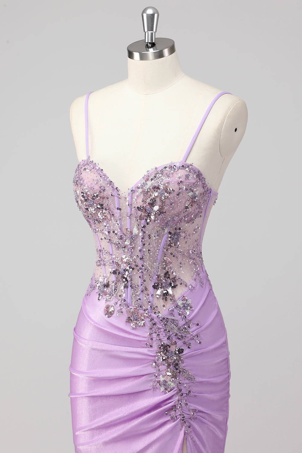 Sparkly Grey Green Mermaid Strapless Sequin Corset Ruched Long Prom Dress with Slit
