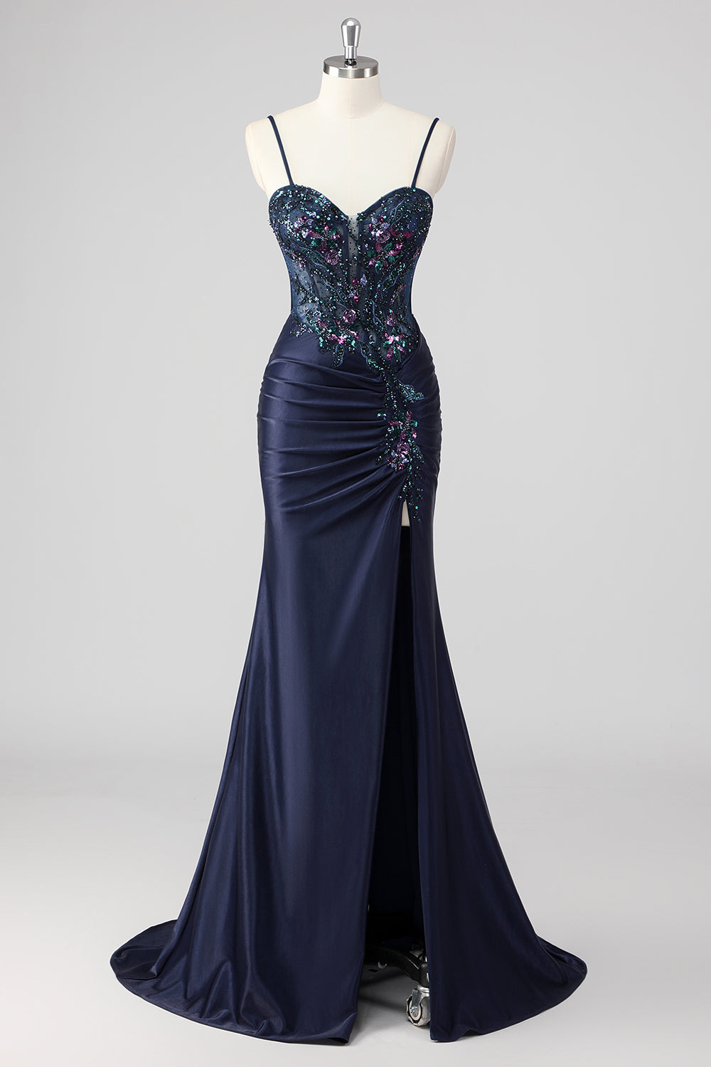 Sparkly Grey Green Mermaid Strapless Sequin Corset Ruched Long Prom Dress with Slit