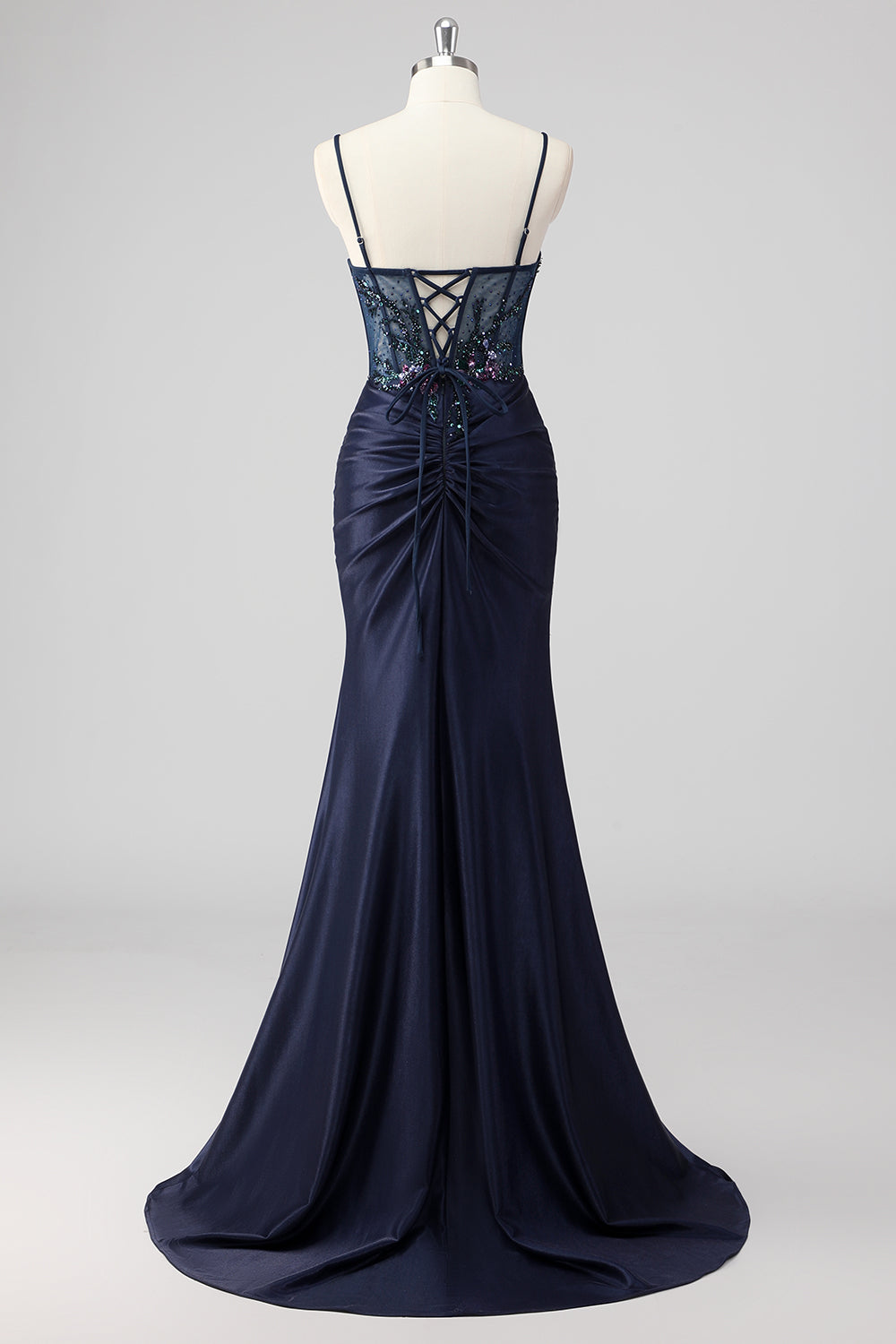 Sparkly Grey Green Mermaid Strapless Sequin Corset Ruched Long Prom Dress with Slit