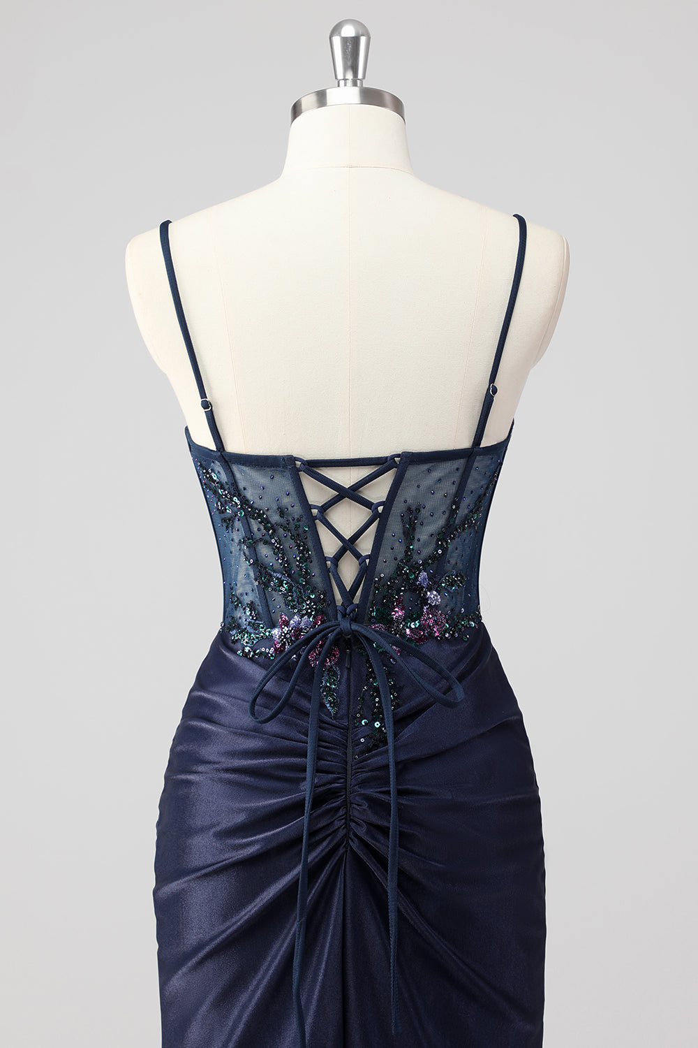 Sparkly Grey Green Mermaid Strapless Sequin Corset Ruched Long Prom Dress with Slit