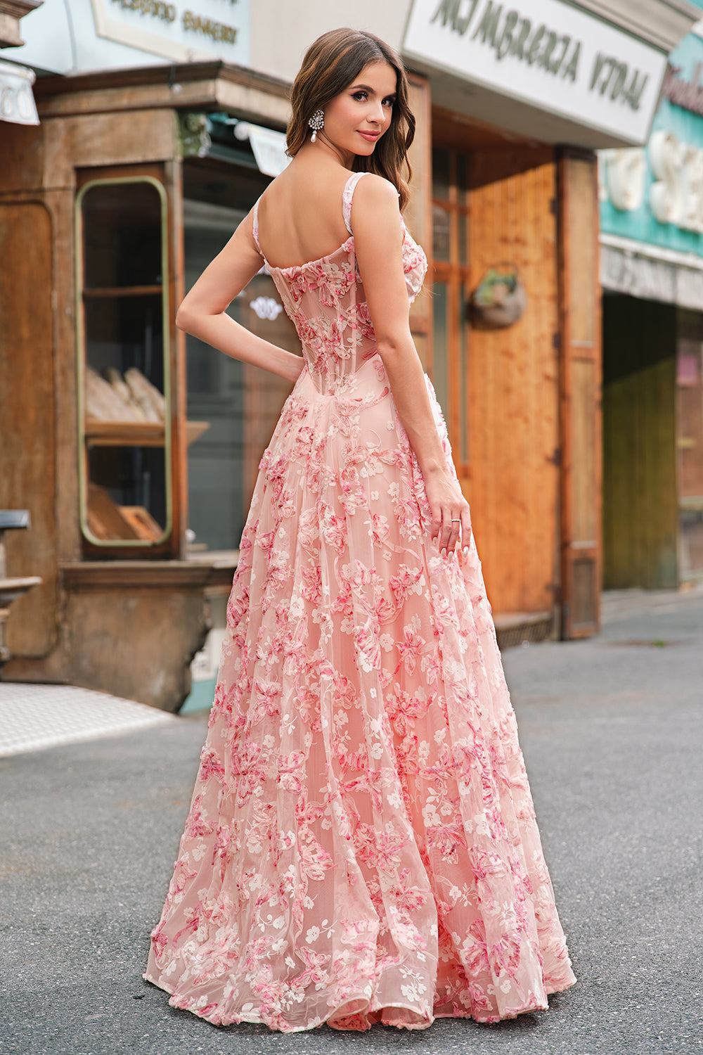 Pink Floral Off The Shoulder A-Line Corset Prom Dress with Slit