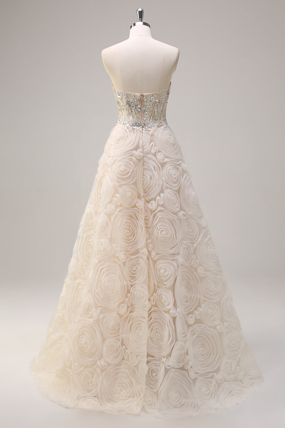 Light Champagne Princess Strapless Floral Corset Long Prom Dress with Sequins