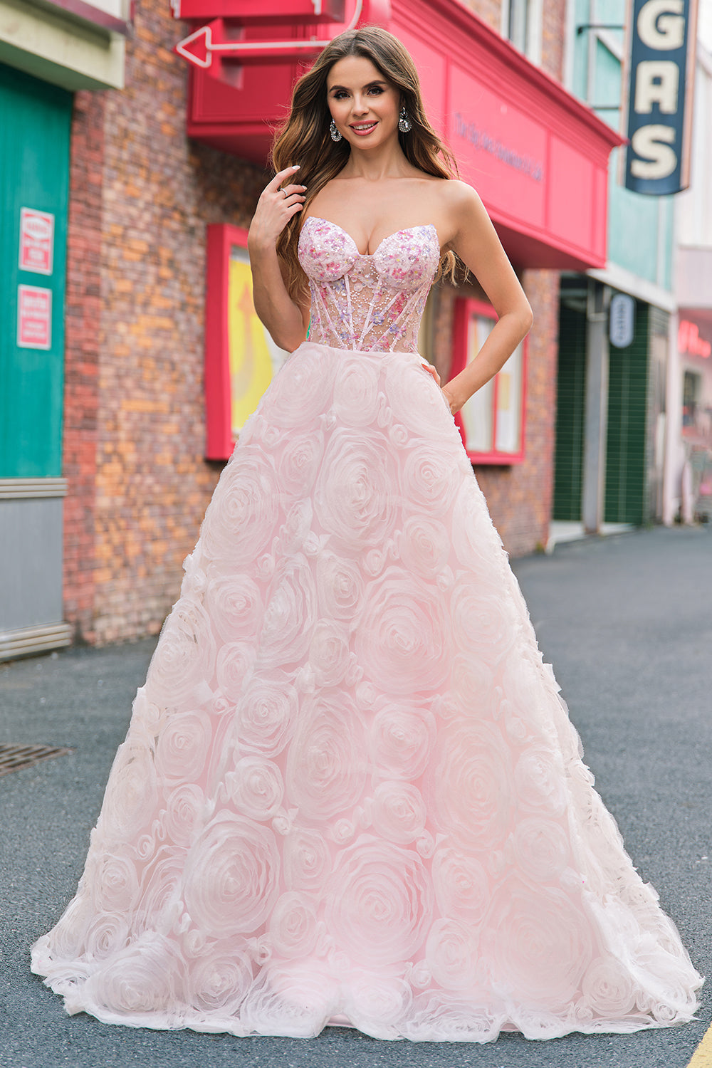Sparkly Pink Princess Strapless Floral Corset Long Prom Dress With Sequins