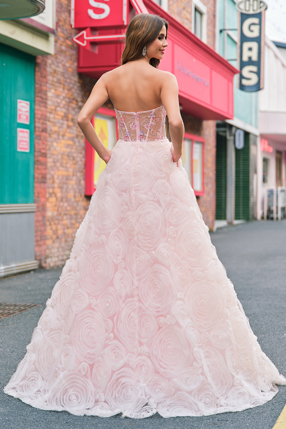 Sparkly Pink Princess Strapless Floral Corset Long Prom Dress With Sequins