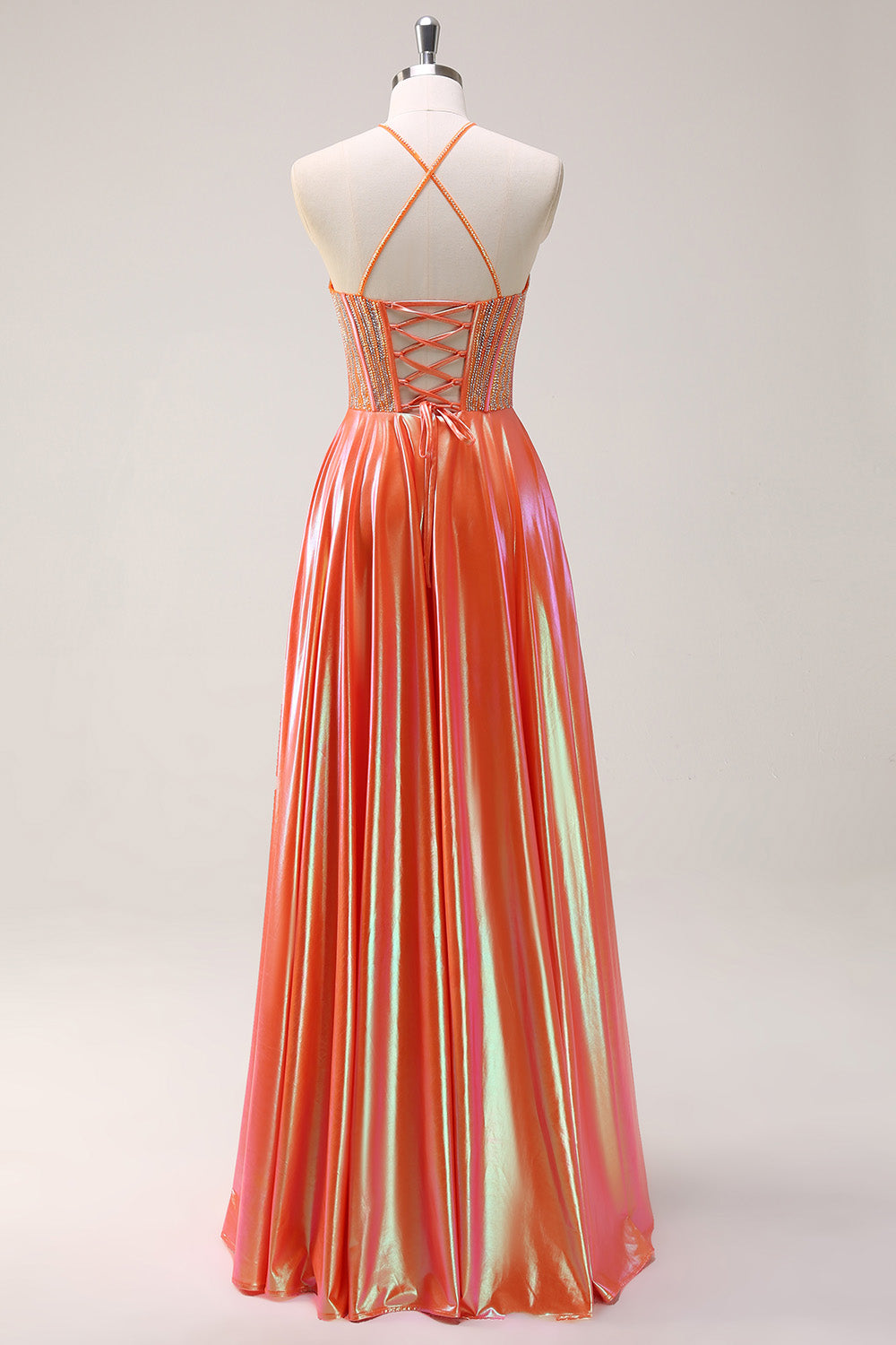 Sparkly Orange A-Line Halter Metallic Long Prom Dress with Beading
