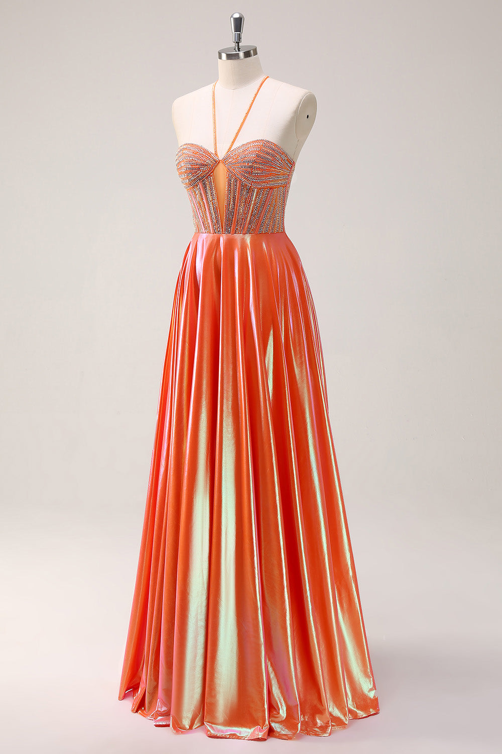 Sparkly Orange A-Line Halter Metallic Long Prom Dress with Beading