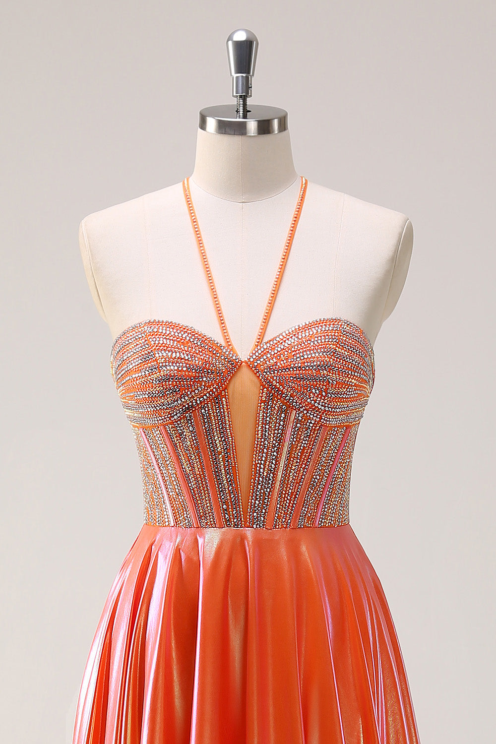 Sparkly Orange A-Line Halter Metallic Long Prom Dress with Beading
