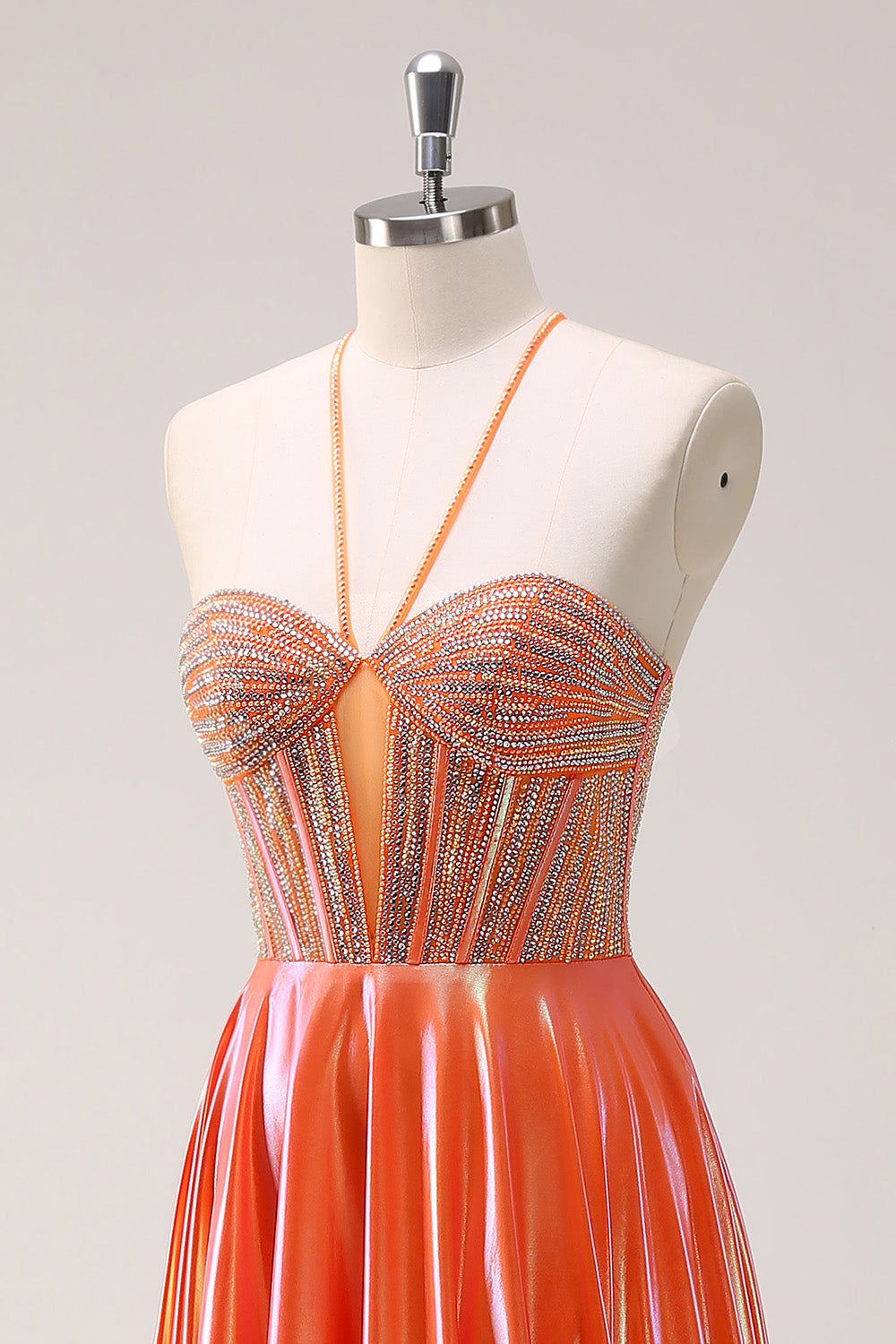 Sparkly Orange A-Line Halter Metallic Long Prom Dress with Beading