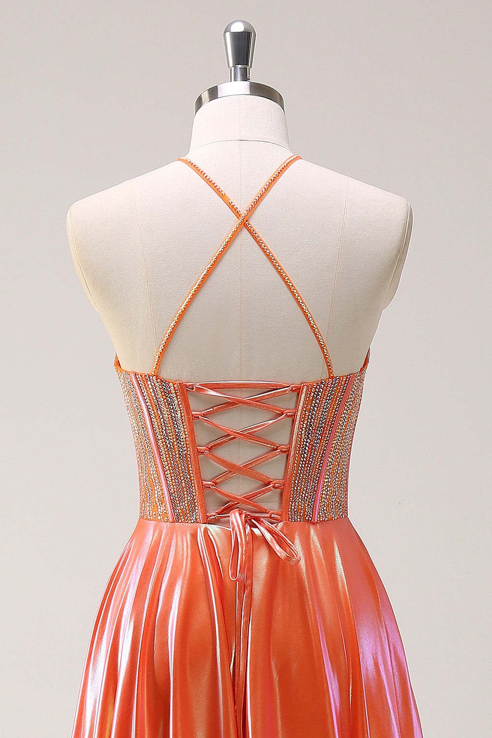 Sparkly Orange A-Line Halter Metallic Long Prom Dress with Beading
