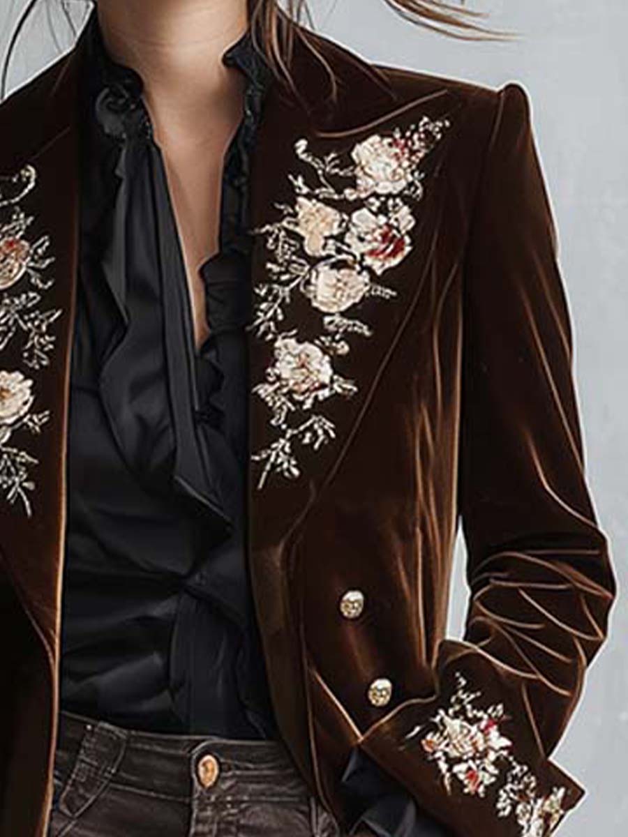 Chocolate Velvet Embroidered Long Coat With Gold Buttons