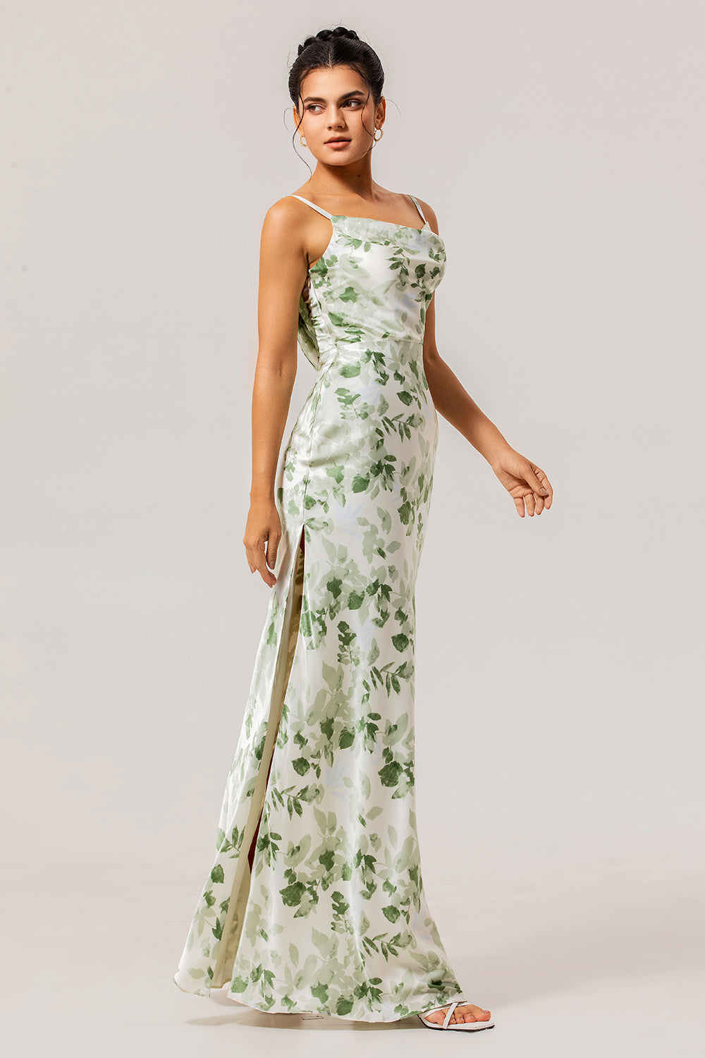 Floral Green Spaghetti Straps Mermaid Long Bridesmaid Dress with Slit