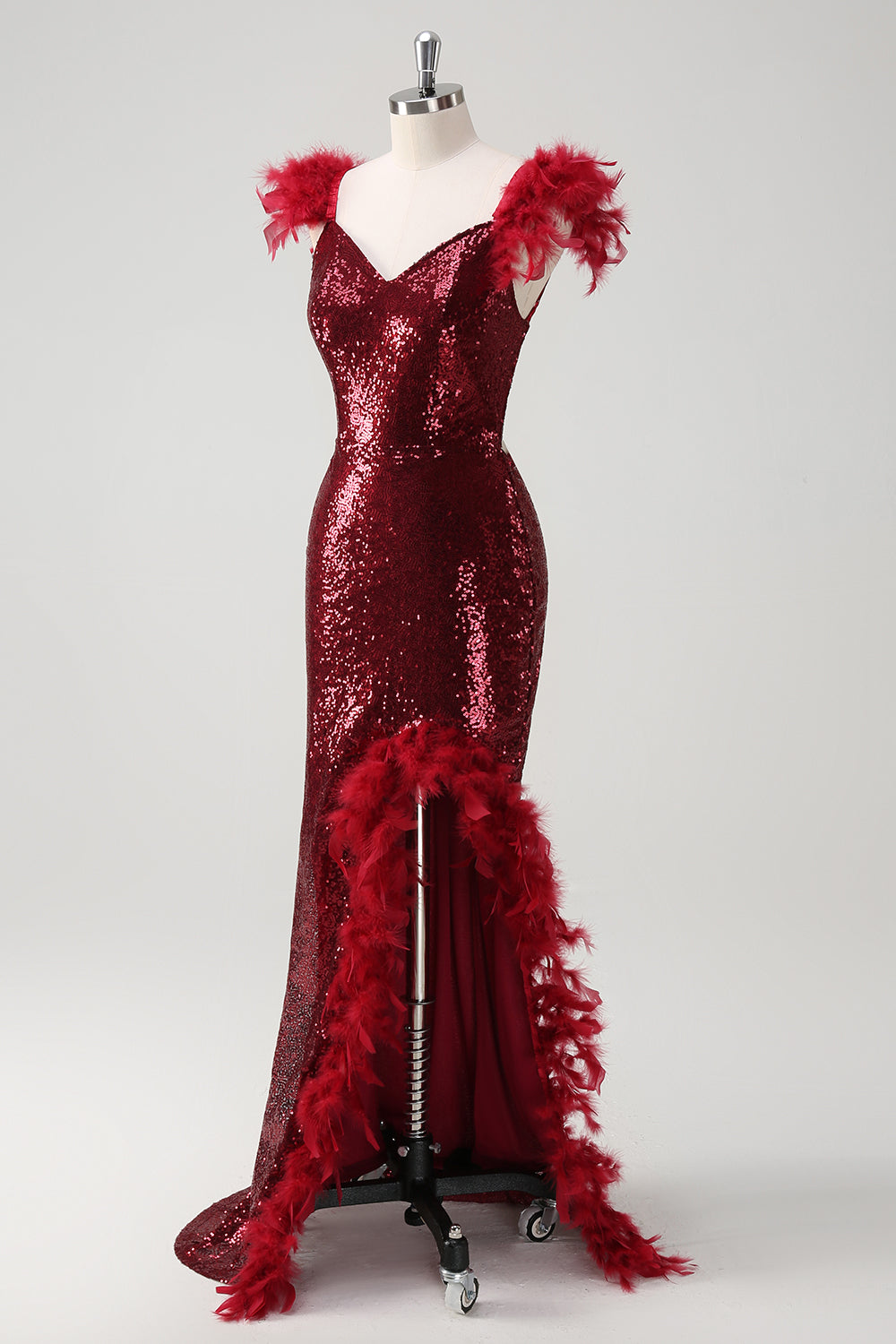 Sparkly Black Mermaid Feathered Long Prom Dress with Slit