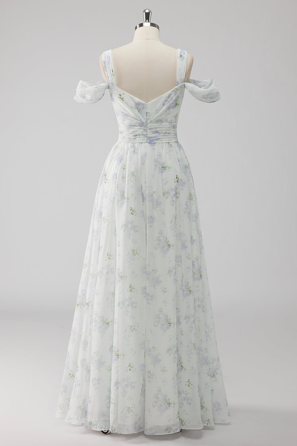 White Floral Cold Shoulder A Line Wedding Guest Dress with Slit