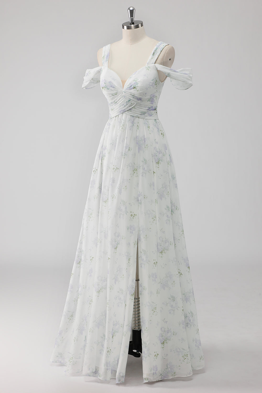 White Floral Cold Shoulder A Line Wedding Guest Dress with Slit