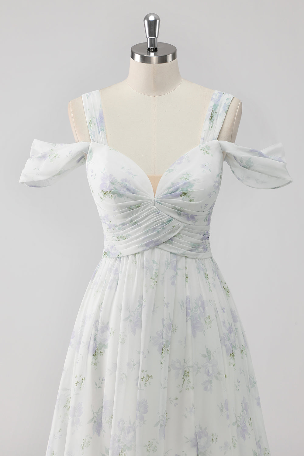 White Floral Cold Shoulder A Line Wedding Guest Dress with Slit