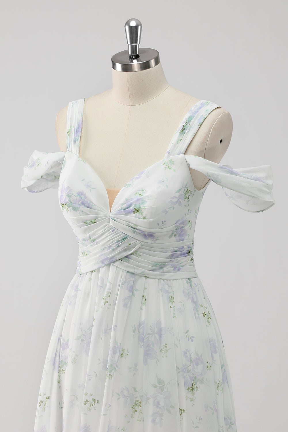 White Floral Cold Shoulder A Line Wedding Guest Dress with Slit