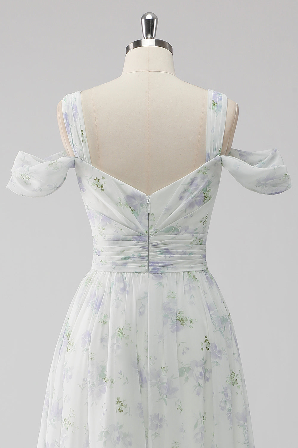 White Floral Cold Shoulder A Line Wedding Guest Dress with Slit