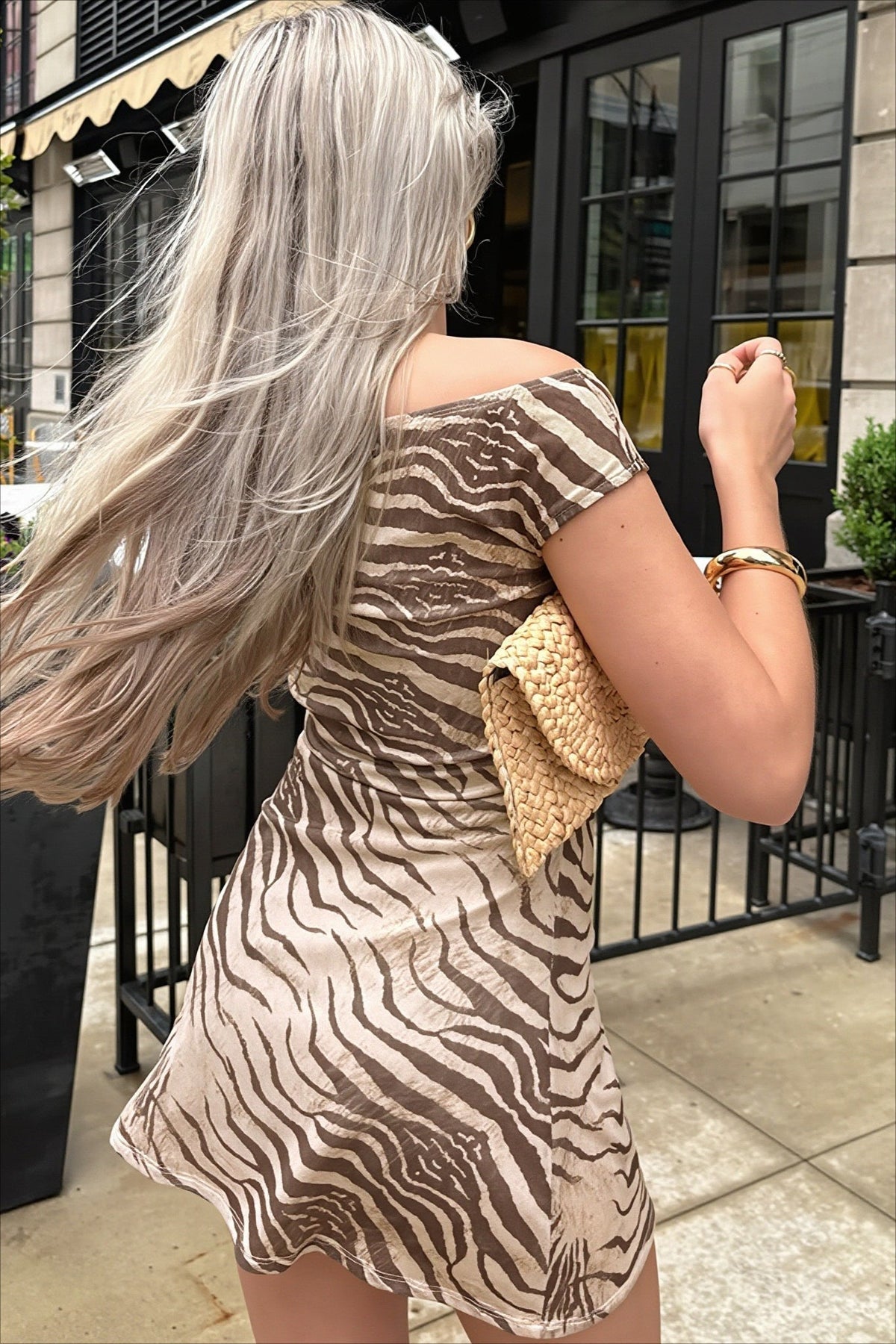 Zebra Print Off Shoulder Cap Sleeve Mini Dress 3
