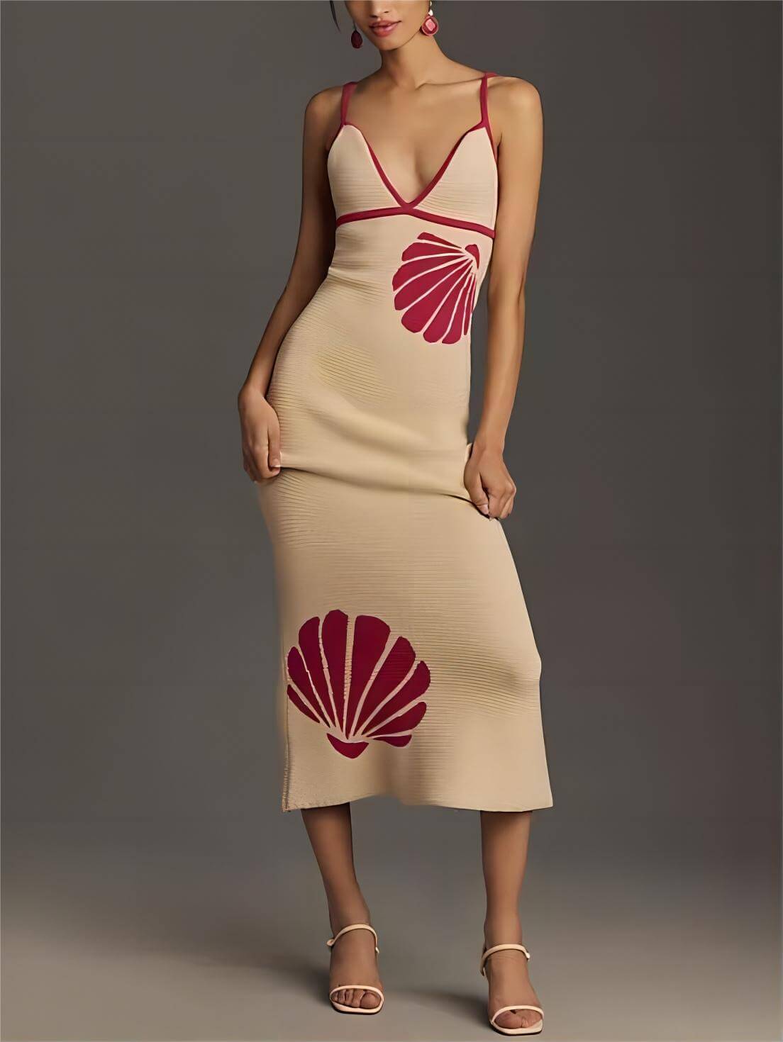 Ribbed Knit Shell Print V-Neck Slip Midi Dress
