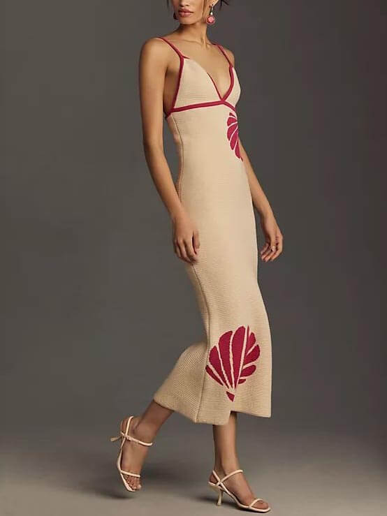Printed V-Neck Sleeveless Rib Knit Midi Dress