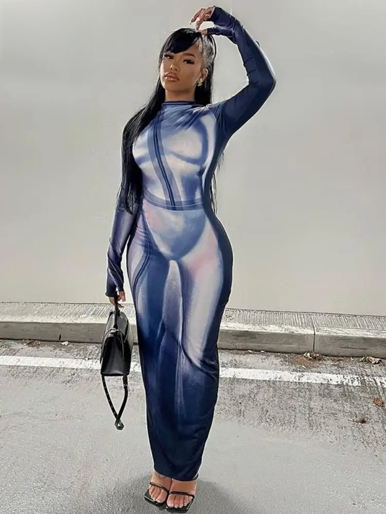 Body Print Mock Neck Long Sleeve Bodycon Maxi Dress - View 2