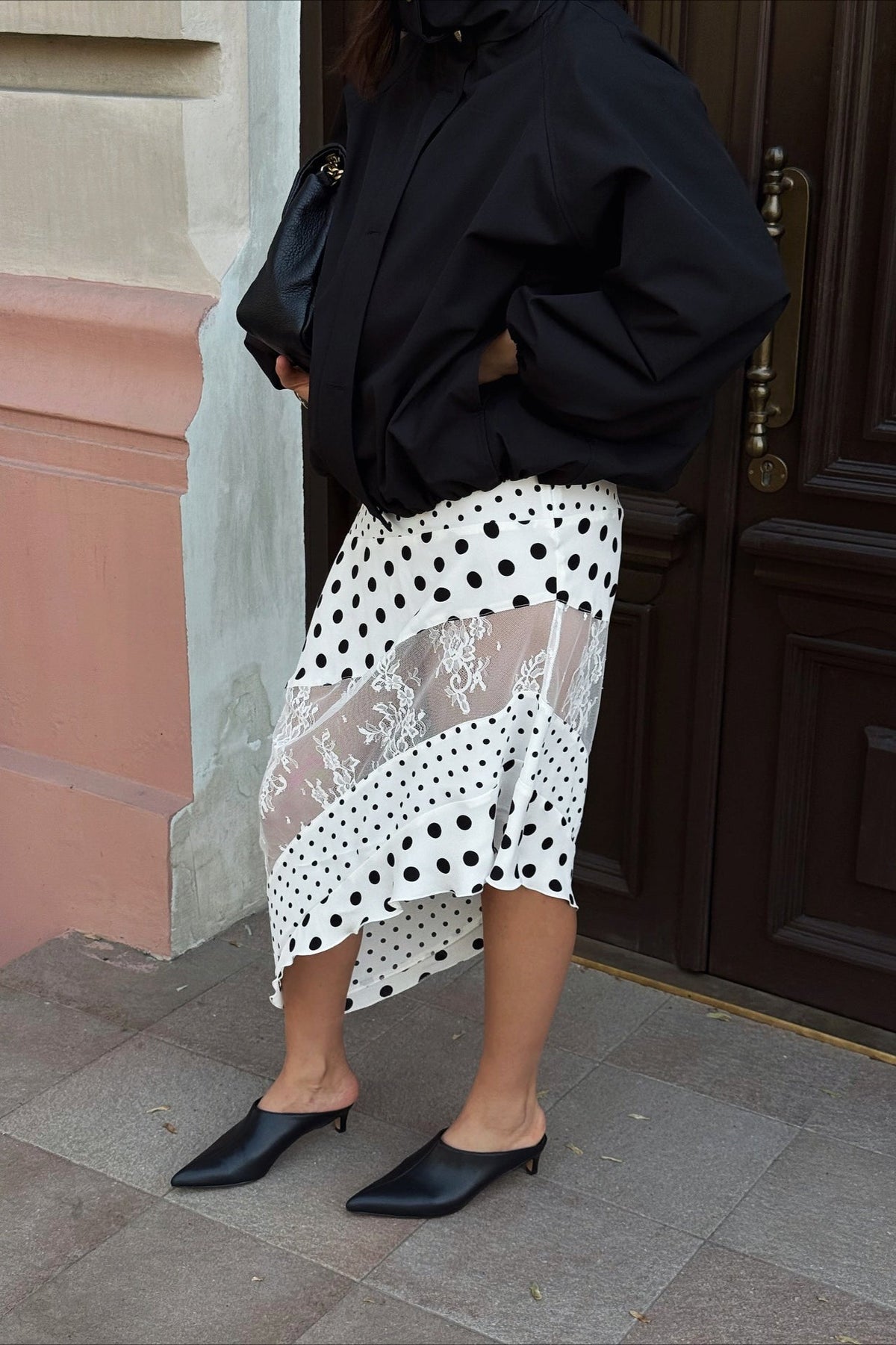 Asymmetric Polk Dots Lace Midi Skirt