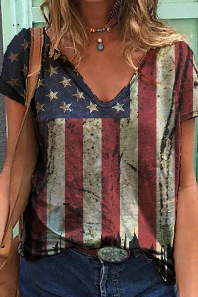 America Flag Print Short Sleeve T-shirt  Fashionpara