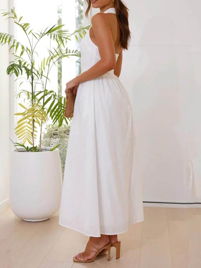 Halter Neck Waist Little Black Dress Mid Length Dress - Fashionpara