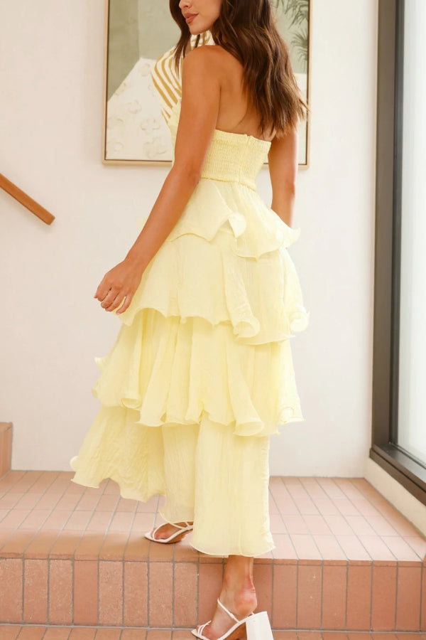 Pure Color Sexy Tube Top Backless Multi-layered Maxi Dress - Fashionpara