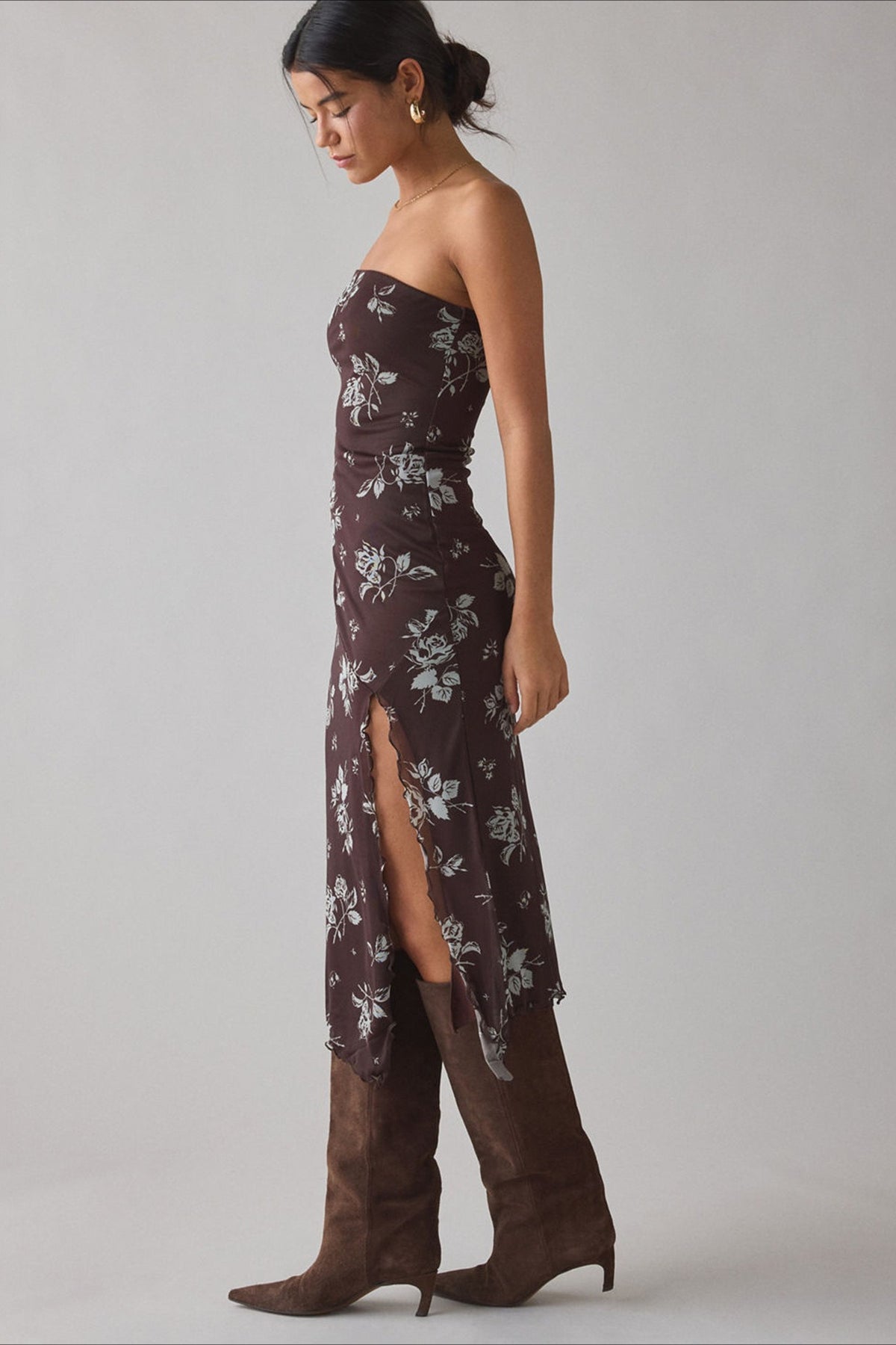 Gradient Print Mesh Strapless High Split Bias Midi Dress