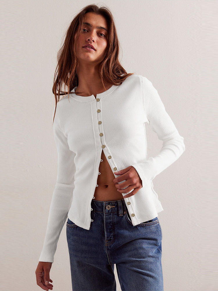 Elegant Buttoned Ribbed Knit Cardigan for Timeless Style