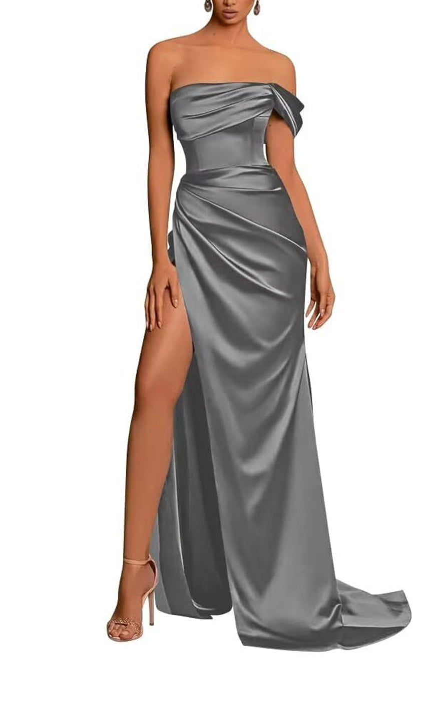L0976 - Couture Simple Draped Sleeveless With Train and High Slit Party Prom Formal Evening Dress