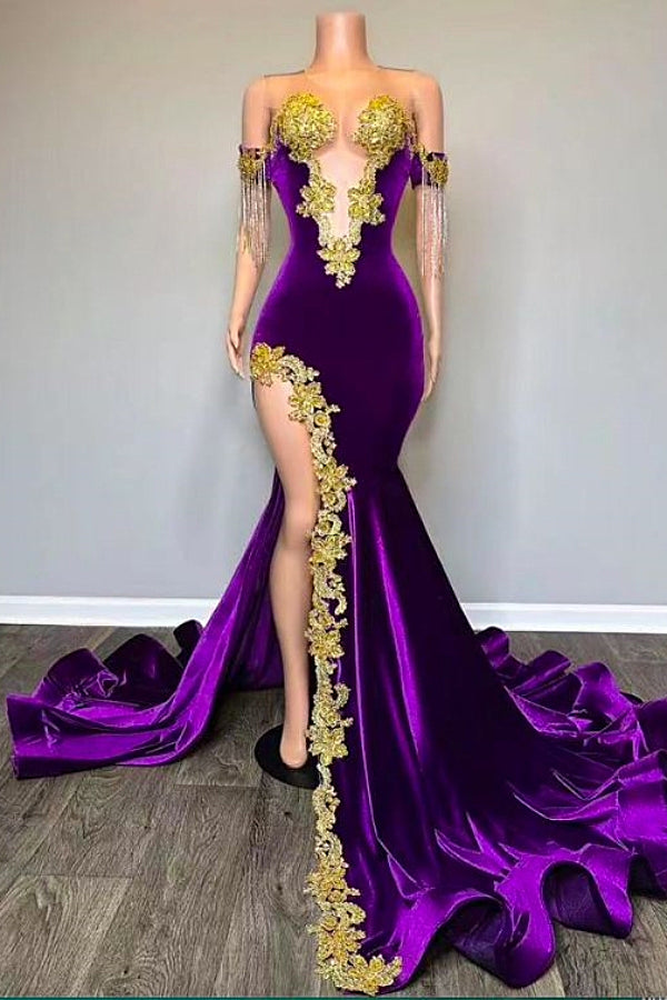 Beautiful Off-the-shoulder V-neck Long Gold Appliques Mermaid Velvert Prom Party Dresses - Fashionpara