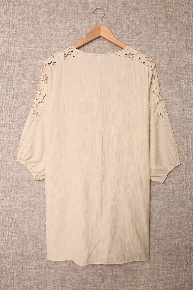 Spliced Lace Three-Quarter Sleeve Cover Up - Fashionpara