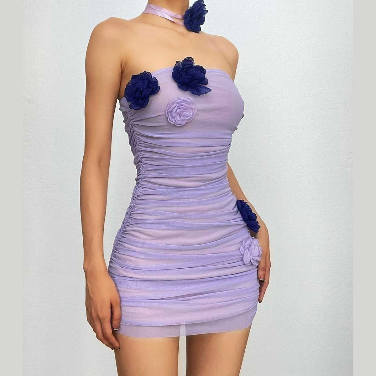Strapless Rosette Ruched Mesh Backless Bodycon Mini Dress