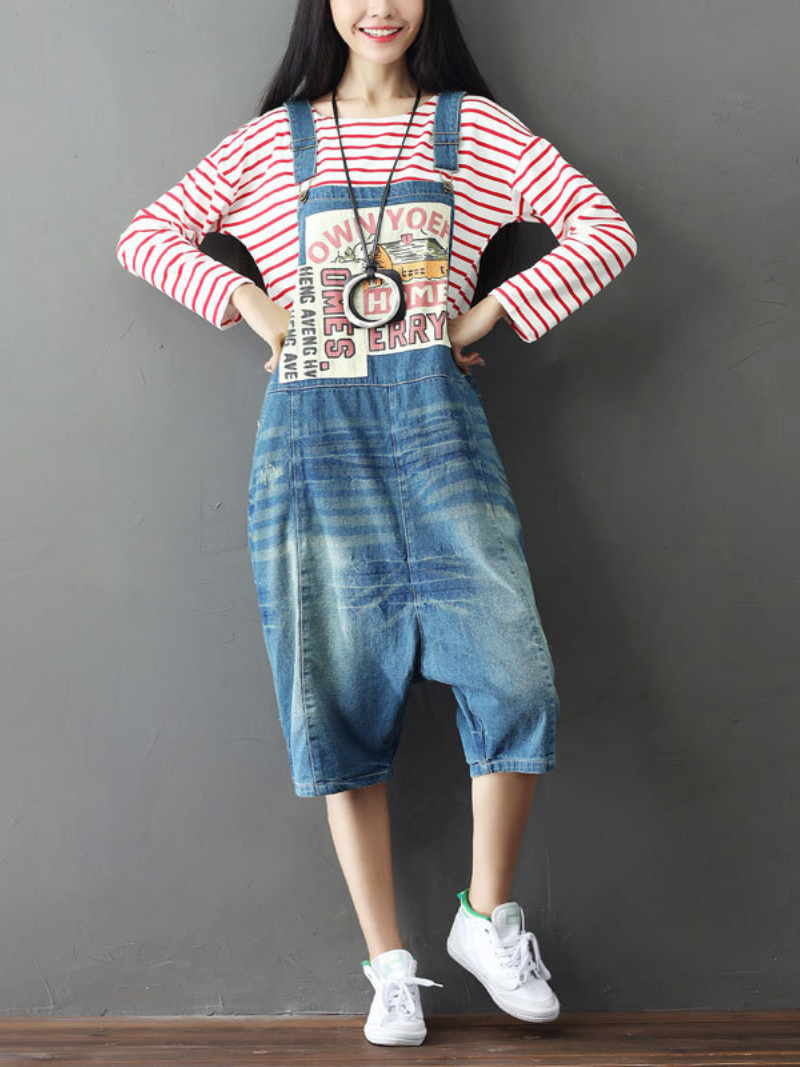 Bohemian Style Short Patch Denim Overalls - Fashionpara