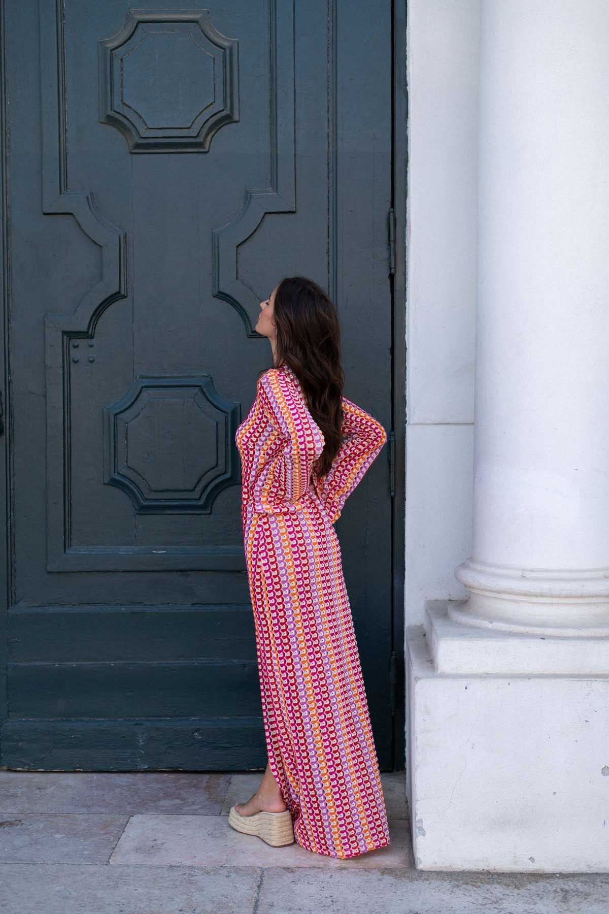Crochet Deep V-Neck Long Sleeve Striped Boho Maxi Dress - View 14
