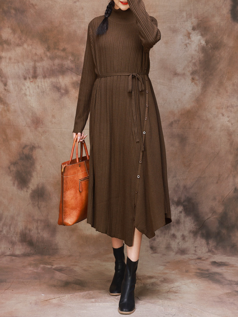 Solid Color Collar A-Line Dress with Thin Belt for Women - Fashionpara