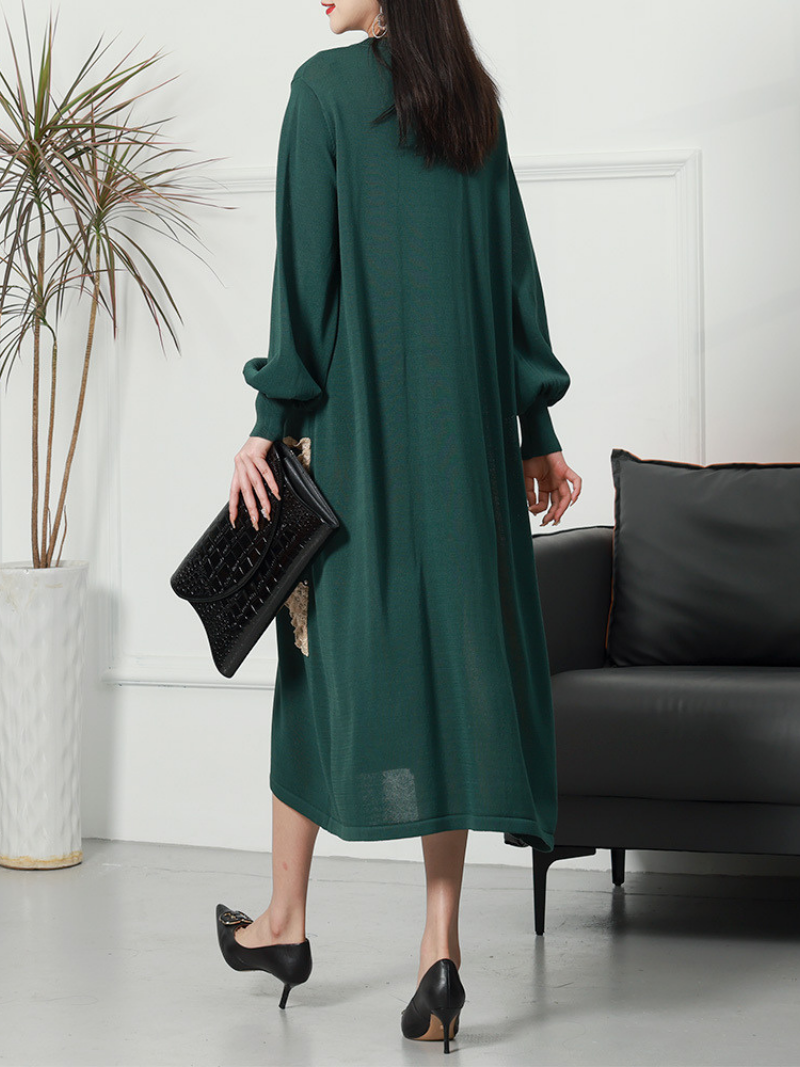 Two-Tone Knit Round Neck Balloon Sleeve Appliqué Midi Dress 6
