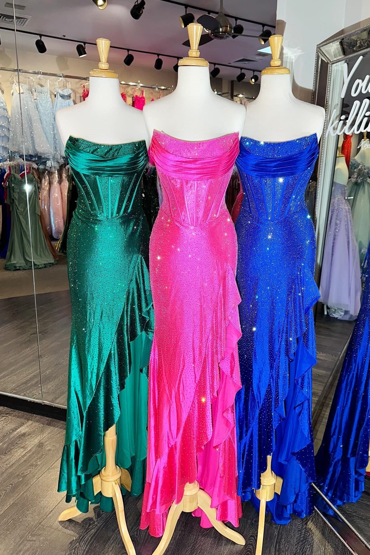 Light Blue Mermaid Strapless Lace Up Long Beaded Prom Dress with Leg Slit - Fashionpara