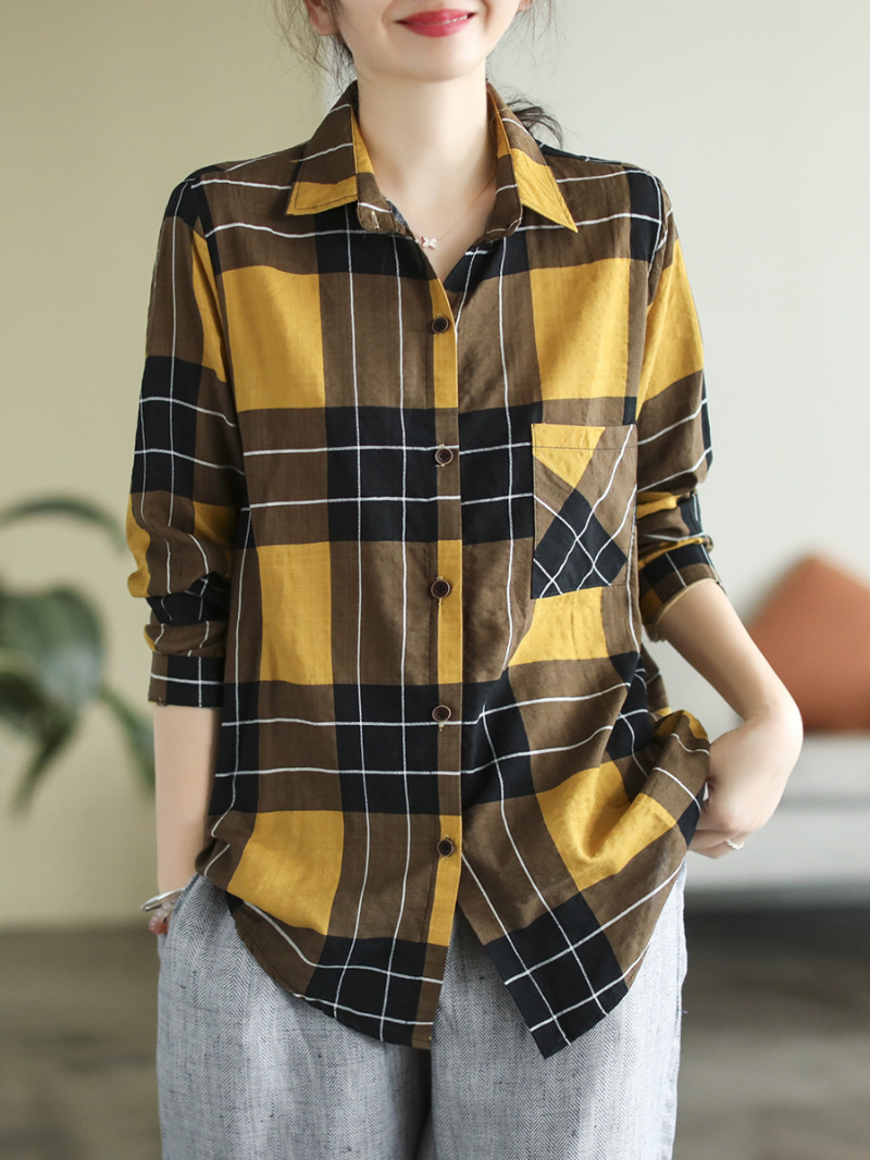 Long Sleeve Lapel Plaid Loose Causal Shirt Dress