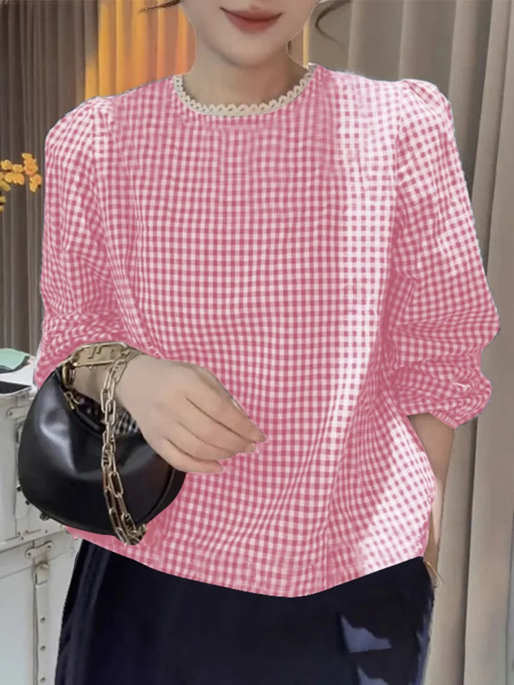 Elegant Lace Trim O Neck Checked Puff Sleeve Smock Blouse