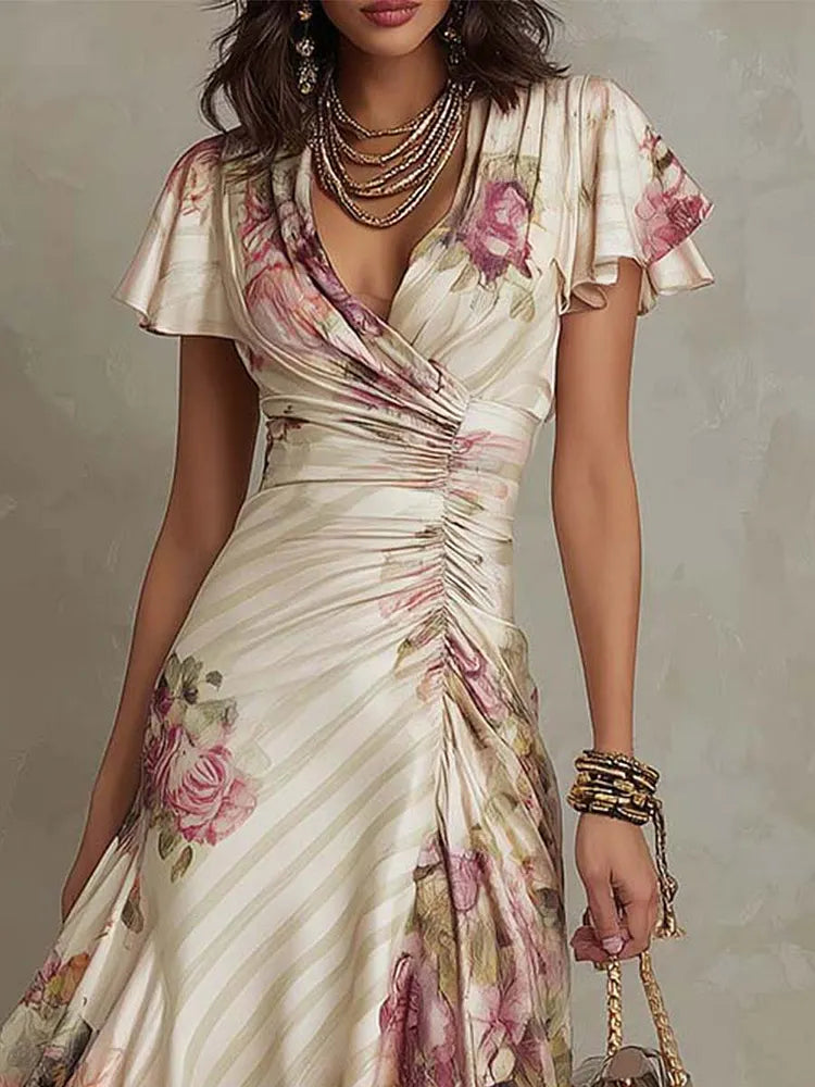 V-Neck Flutter Sleeve Ruched Floral Midi Dress 5