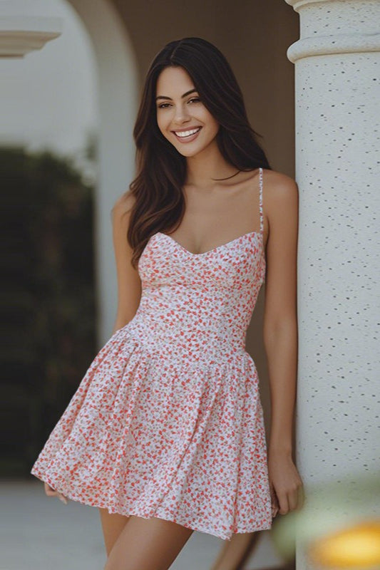 Floral Print Sweetheart Spaghetti Strap A-Line Mini Dress