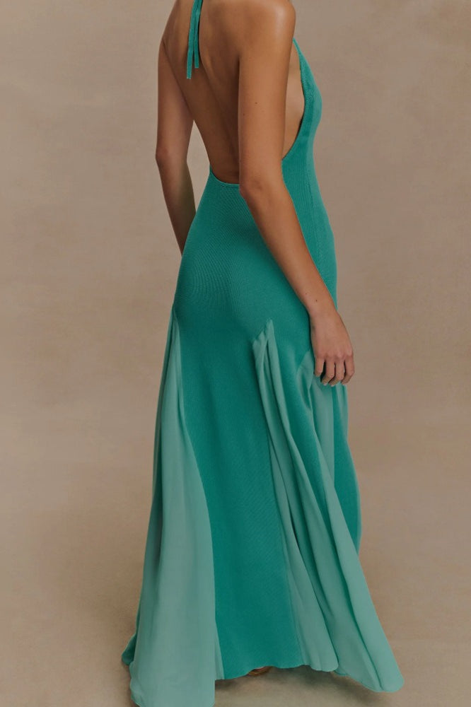 Halter Neck Open Back Sheer Panel Mermaid Gown 10