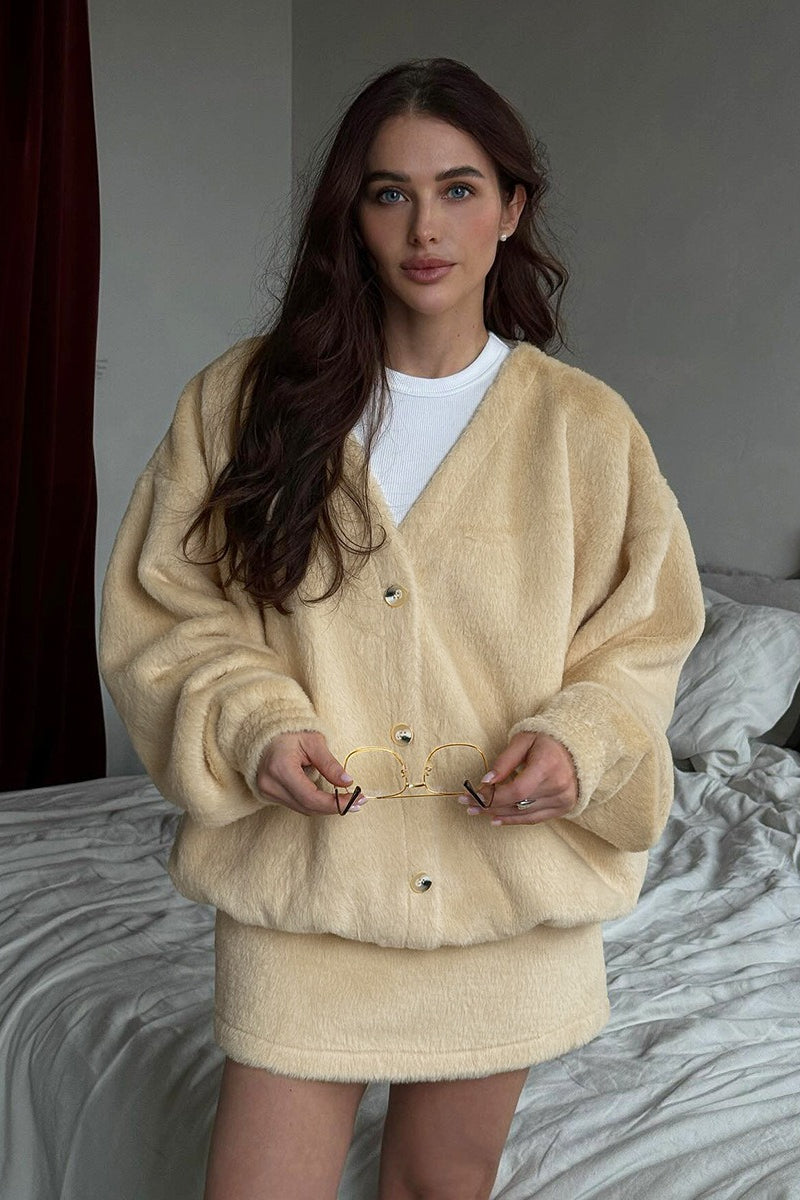 Plush Cardigan Mini Skirt Knit Set
