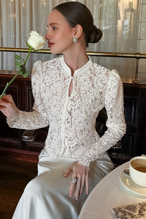 Lace Hollow Out Puff Sleeve Knit Blouse - Fashionpara