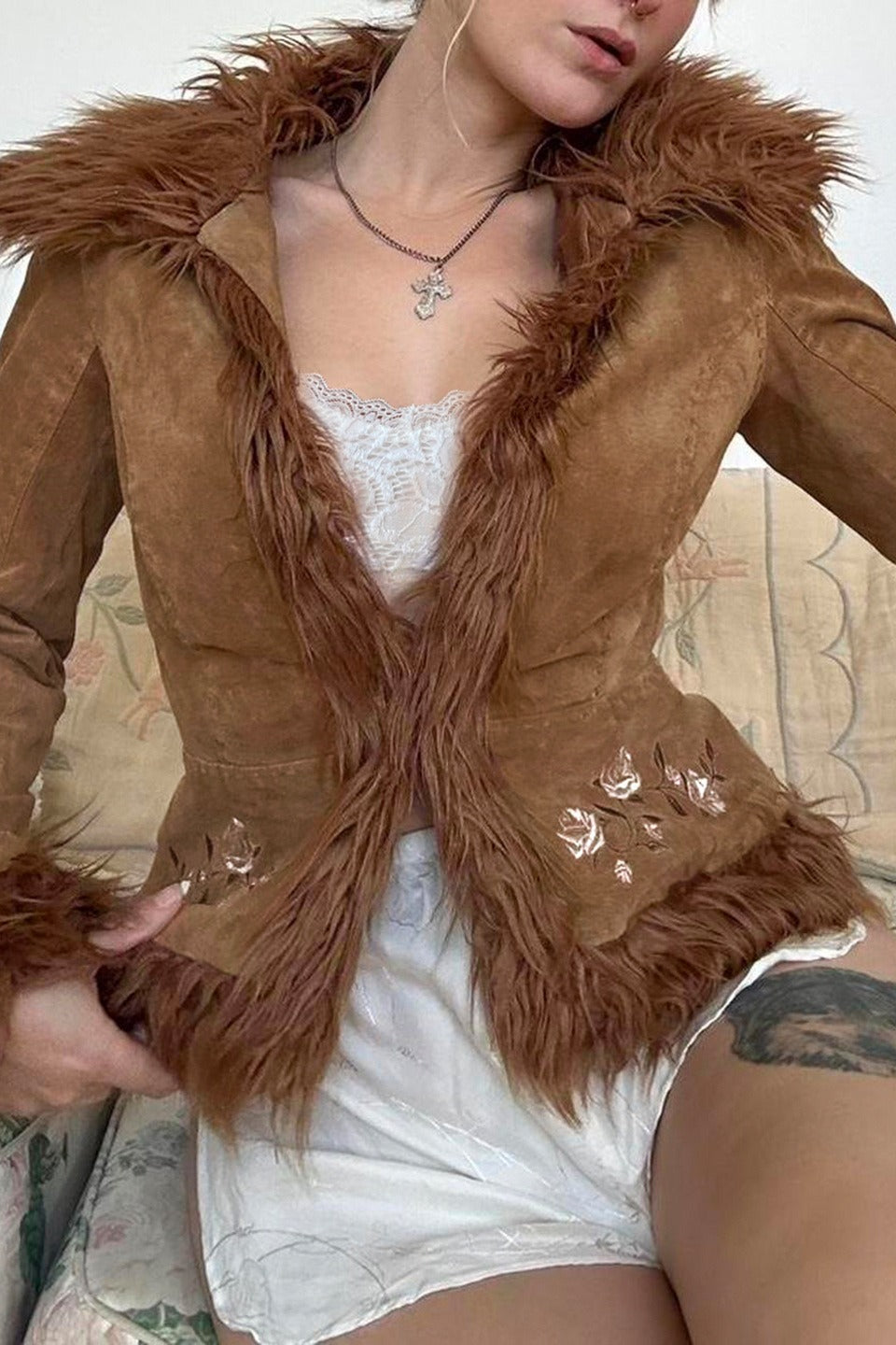 Floral Embroidered Fleece Coat - Fashionpara